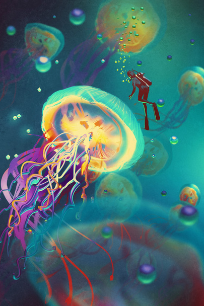 big jellyfishes and diver in fantasy underwater - Foto, Bild