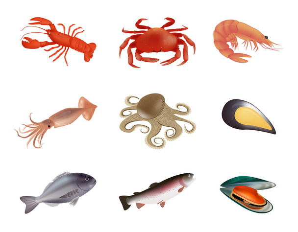 Set seafood eight color icon on white background. Vector Illustration - Vector, Image