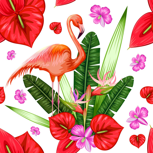 エキゾチックな熱帯の花とフラミンゴのシームレス パターン - ベクター画像