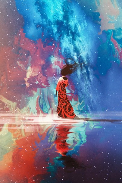 woman standing on water against universe filled - Photo, Image