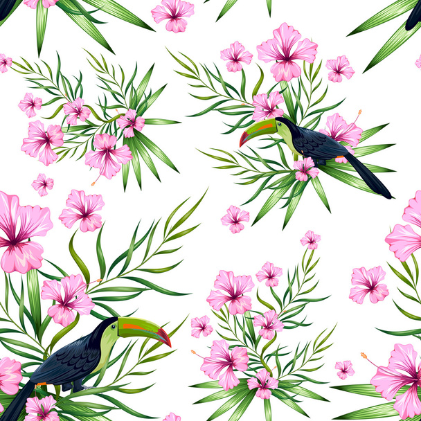 nahtloses Muster mit exotischer tropischer Blume und buntem Vogel - Vektor, Bild