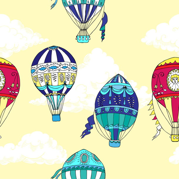 Seamless pattern with clouds and hot air ballons - Vector, afbeelding