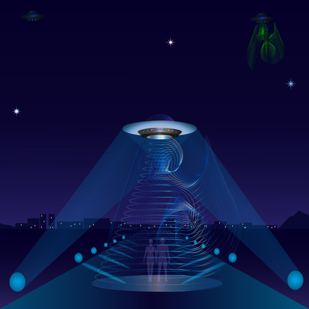UFO buitenaards schip nacht stad weg schijnwerpers - Vector, afbeelding