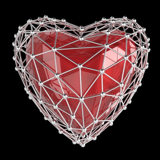 crystal low poly shiny heart in atom array heart-shaped cage. Wedding and valentines day concept - Φωτογραφία, εικόνα