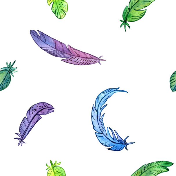 seamless pattern with watercolor feathers - Foto, Imagem