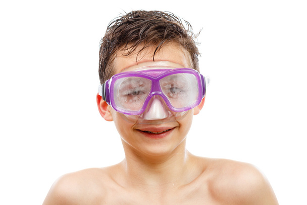 Boy diver in swimming mask with a happy face close-up portrait, isolated on white - Foto, imagen