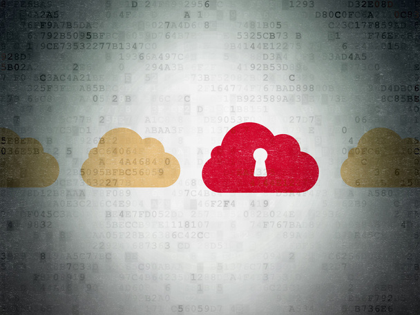 Koncepce technologie cloud: mrak se symbolem klíčové dírky na pozadí digitálního datového papíru - Fotografie, Obrázek