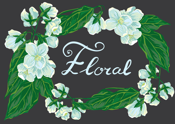 Floral πλαίσιο με λευκό γιασεμί και γράμματα - Διάνυσμα, εικόνα