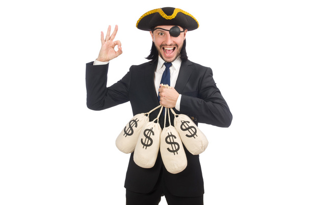 Pirate businessman holding money bags isolated on white - Photo, Image