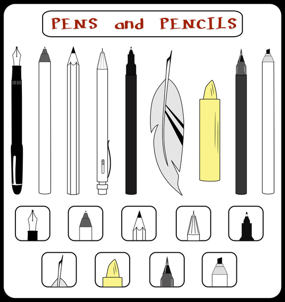 Vector. Set of 9 artist pens and pencils. Pencil, point pen, fountain pen, ballpoint pen, brush pen, calligraphy pen, rollerball pen, marker, crayon. Isolated illustration - Vector, Image