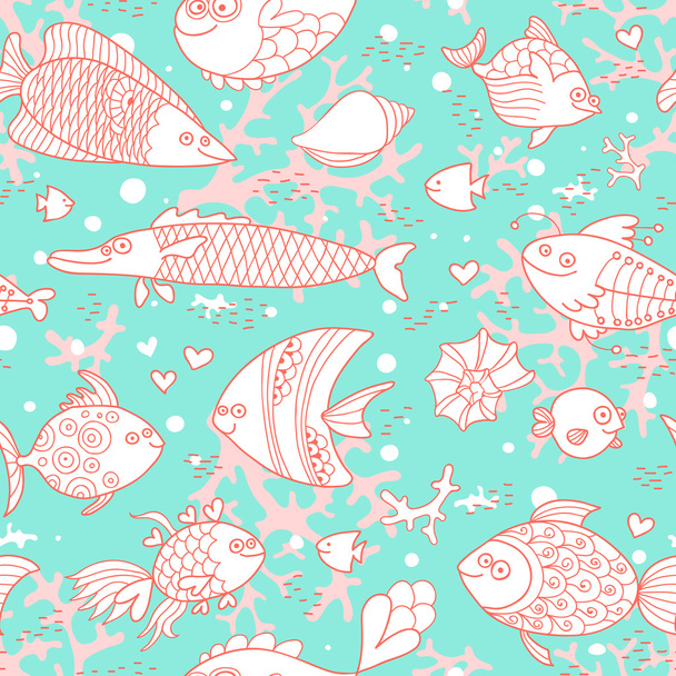 水中世界の背景。かわいい魚、貝、サンゴのシームレス パターン. - ベクター画像