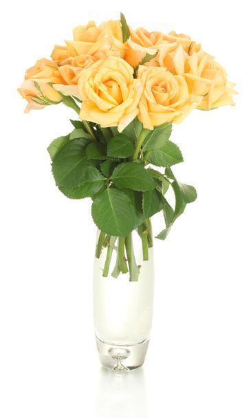 Beautiful bouquet of roses in transparent vase isolated on white - Fotoğraf, Görsel