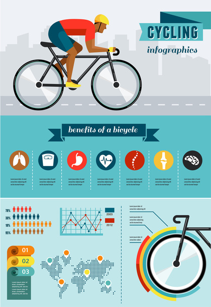 cyclist riding on bicycle, vector infographics, poster, icon set - Vector, Image
