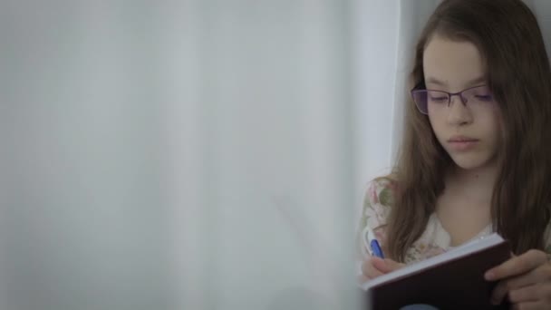 Serious little girl in glasses diligently does his homework at window. - Filmagem, Vídeo