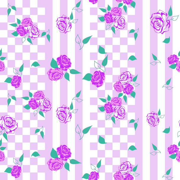 checkerboard  seamless pattern with floral roses ornament - Zdjęcie, obraz