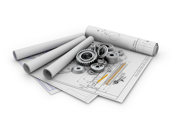 A set of gears and bearings lying on posters with blueprints.3d  - Photo, Image