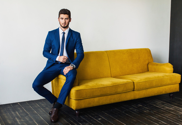 man posing on sofa in suit - Photo, Image