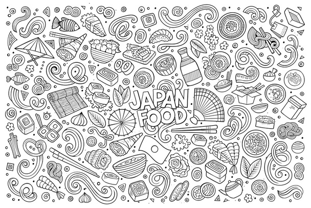 Line art vector cartoon set of Japan food objects - Vector, Image