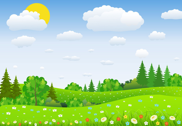 Green Landscape with trees clouds flowers - Vector, Image