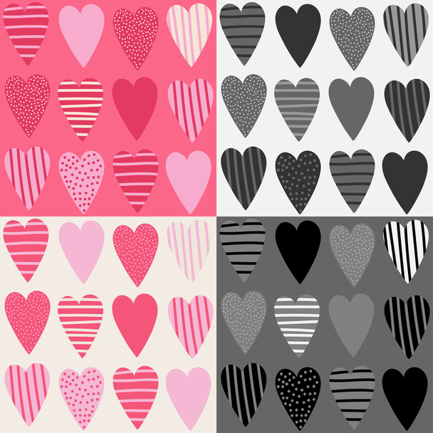 Set of seamless pattern with hand drawn pink hearts. Cute universal wallpapers. Vector illustrations. - Wektor, obraz