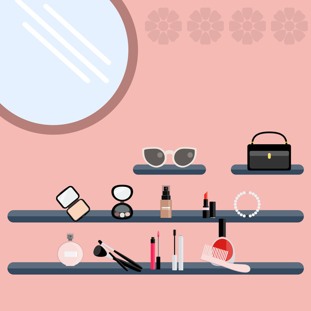 Frau Make-up-Raum mit Mode-Accessoires, mit rosa Hintergrund - Vektor, Bild