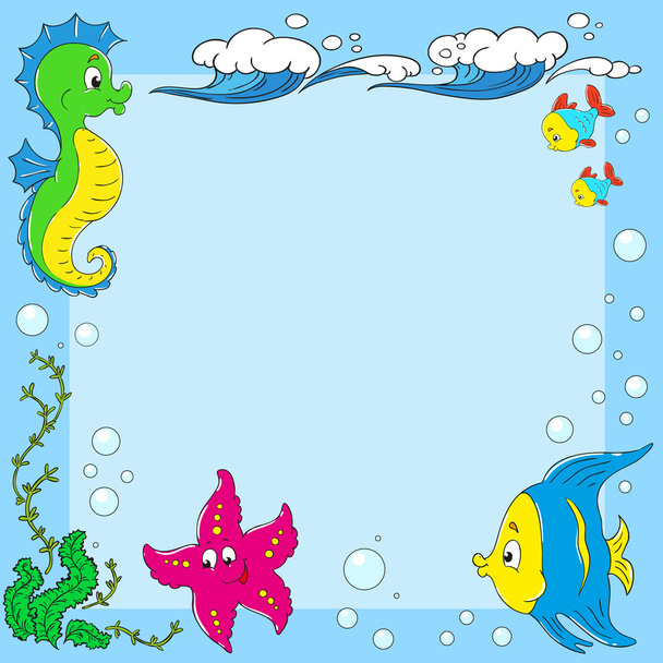 Frame inhabitants of the ocean. Sea life. Space for text. Fish, seahorse, starfish, waves - Vector, Image