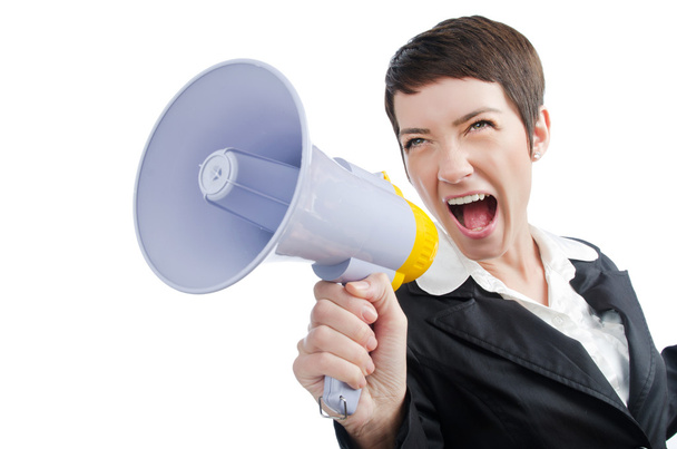 Jovem empresária gritando para alto-falante
 - Foto, Imagem