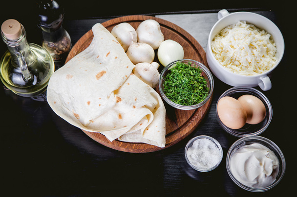 mushrooms, pita bread, herbs, spices, ingredients for the rolls of pita - Photo, image