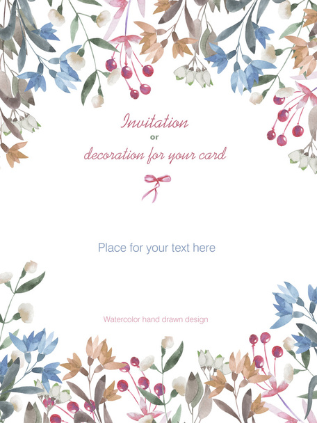 Fundo, modelo de cartão postal com um ornamento floral dos ramos aquarela, flores e bagas, desenhado à mão em um pastel em um fundo branco
 - Foto, Imagem