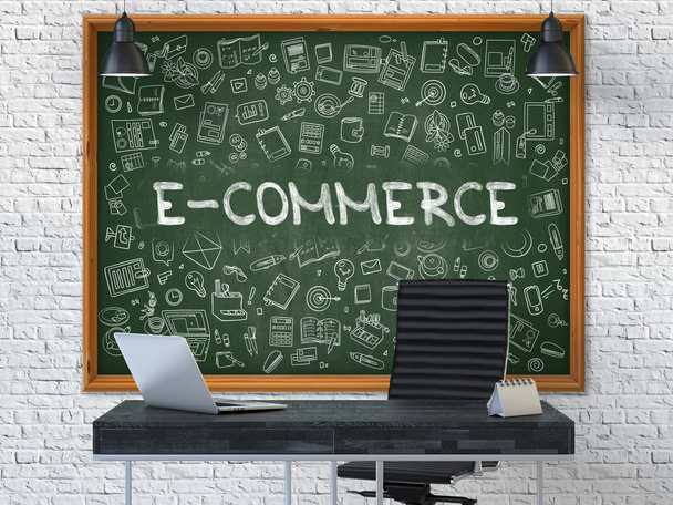 Chalkboard on the Office Wall with E-Commerce Concept. - Photo, Image