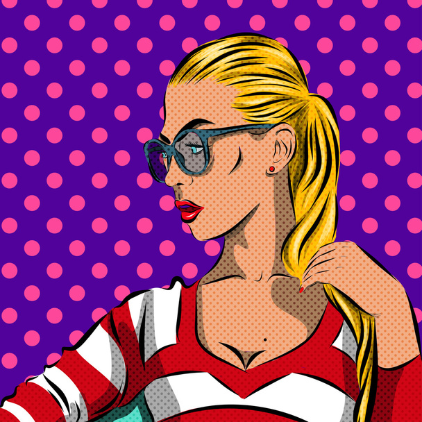 De vrouw van de Pop Art met zonnebril - op de achtergrond van een polka-dots. Vector - Vector, afbeelding