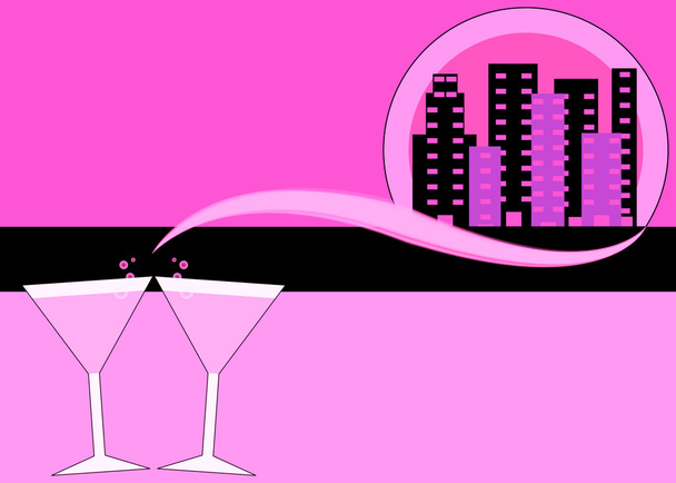 Pink martinis and skyline illustration - Photo, Image