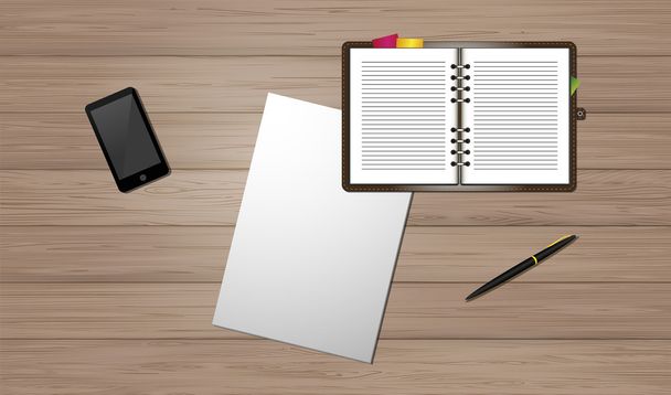 Phone notebook sheet of paper and a pen on a wooden table top view. - Vector, Imagen