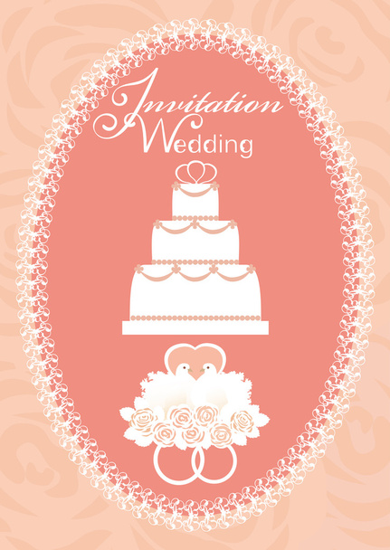 Invitación de boda con tarta, palomas y anillos de boda
 - Vector, Imagen