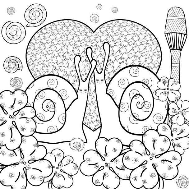 Cute snails adult coloring book page. Vector illustration. - Vector, Image