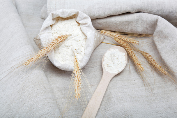 Flour and wheat grain on sackcloth - Fotoğraf, Görsel
