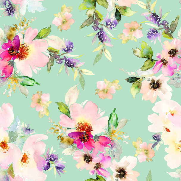 Seamless pattern with flowers watercolor - Foto, Imagen