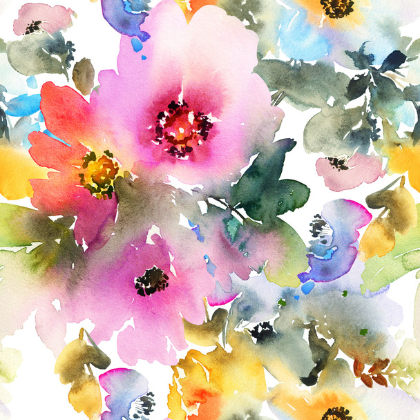Seamless pattern with flowers watercolor - Φωτογραφία, εικόνα
