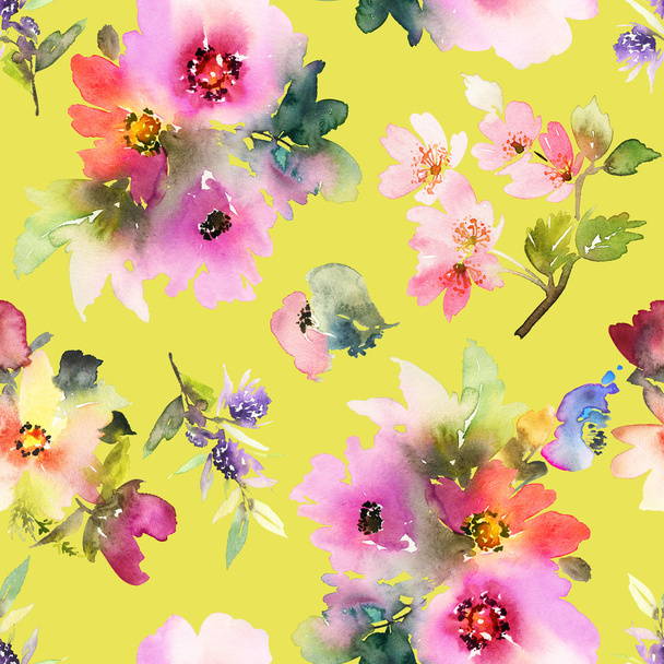 Seamless pattern with flowers watercolor - Foto, afbeelding