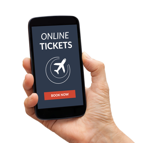 Online bilet konsepti ile akıllı telefon ekranında tutan el - Fotoğraf, Görsel