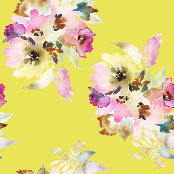 Seamless pattern with flowers watercolor - Φωτογραφία, εικόνα