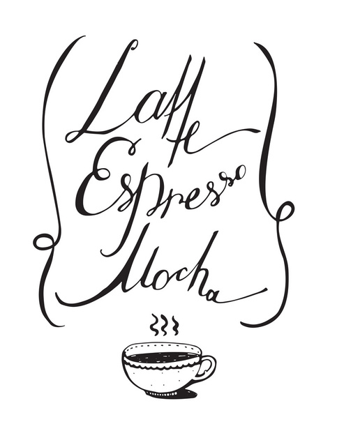 Vektor-Schwarz-Weiß-Illustration mit handgezeichnetem Schriftzug, der dem Kaffee mit den Worten Mokka, Latte, Espresso gewidmet ist. isoliert auf weißen Buchstaben, dekoriert mit heißen Tassen und Schlaufen - Vektor, Bild