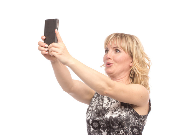 Beautiful woman taking self picture with smartphone camera - Zdjęcie, obraz