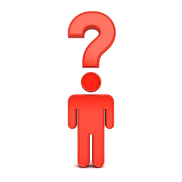 3d man symbol thinking with question mark above his head isolated over white background with shadow - Photo, Image