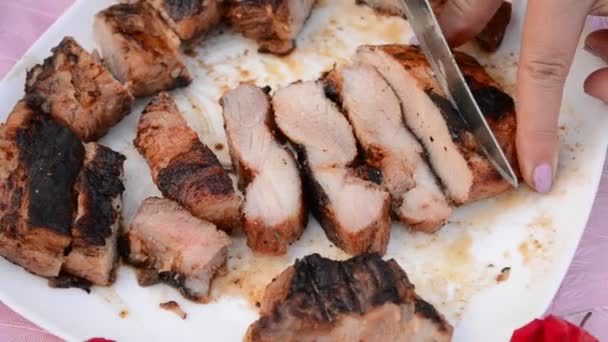 A főtt húst a grill. Vágási hús egy grill tál. - Felvétel, videó