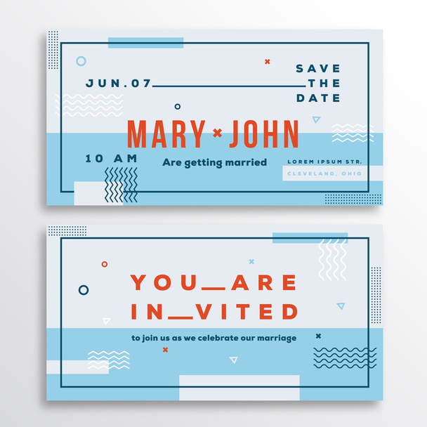 Wedding Invitation Card Template. Modern Abstract Flat Swiss Style Background with Decorative Stripes, Zig-Zags and Typography. Light Blue, Red Colors. Soft Realistic Shadows. - Vector, Image