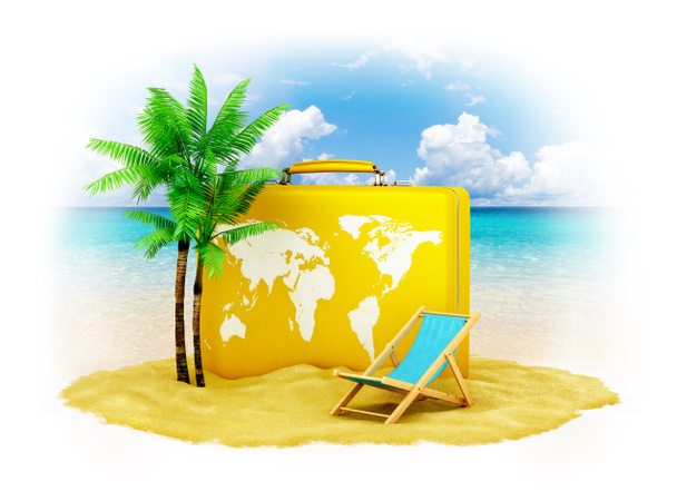 Matkustaa. Matkalaukku hiekalla lähellä palmuja ja rantatuoli
 - Valokuva, kuva