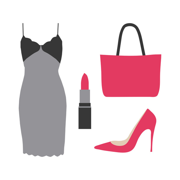 Set of fashion elements - dress, lipstick, handbag and high shoe. Flat style. Glamorous outfits. Pink and grey colors. Vector illustration on white background. - Wektor, obraz