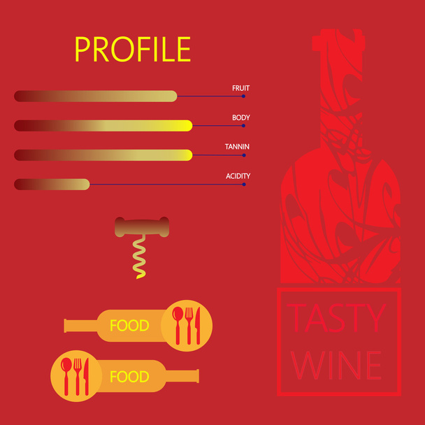 Finom borok és ételek étterem info grafikus alkatrészek, üveg, kanalat, kést és a villát jelek körvonalai alatt piros háttér. Digitális vektor kép. - Vektor, kép