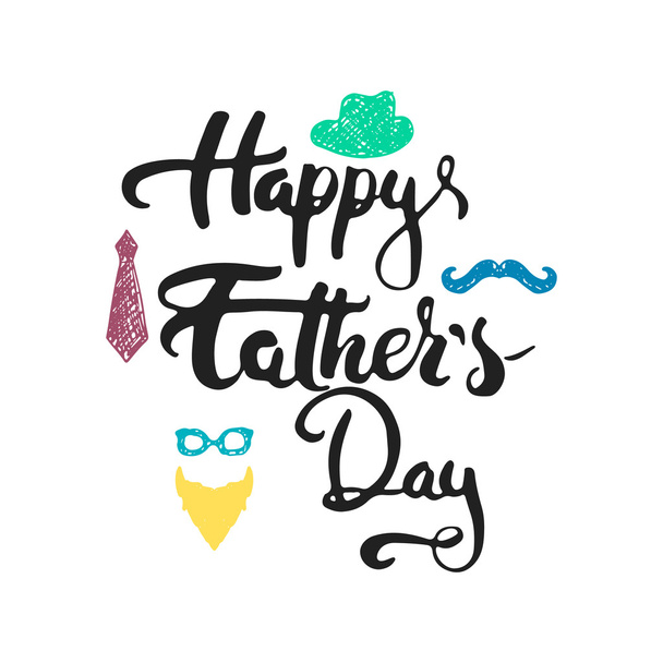Boldog Apák napja betűkkel kalligráfia üdvözlés kártya-val szakáll, szemüveg, kalap, bajusz, elszigetelt fehér nyakkendő - Vektor, kép